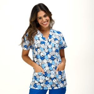 Blusa médica con cuello en V para mujer - Emoji azul