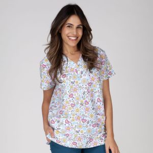 Blusa médica con cuello en V - PEACEFUL PETALS